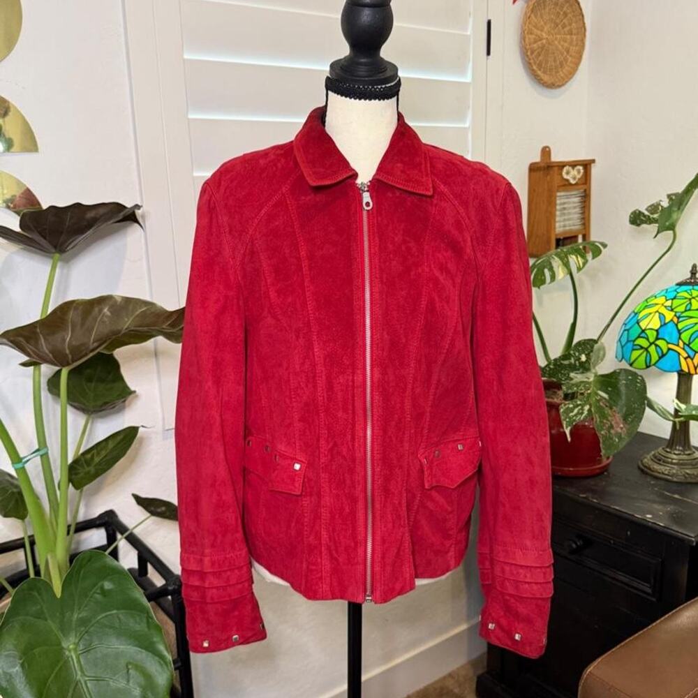 Vintage Y2K Juliet Michelle Red Genuine Suede Leather Studded Zip Jacket